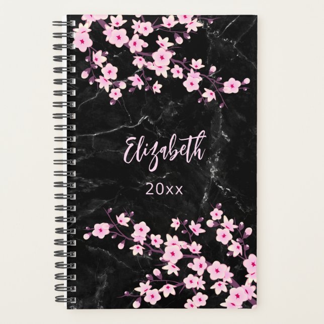 Cherry Blossoms Pink Black Marble Custom Planner (Front)