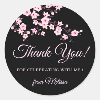 Cherry Blossoms Pink Black Thank You Classic Round Sticker