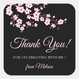 Cherry Blossoms Pink Black Thank You Square Sticker