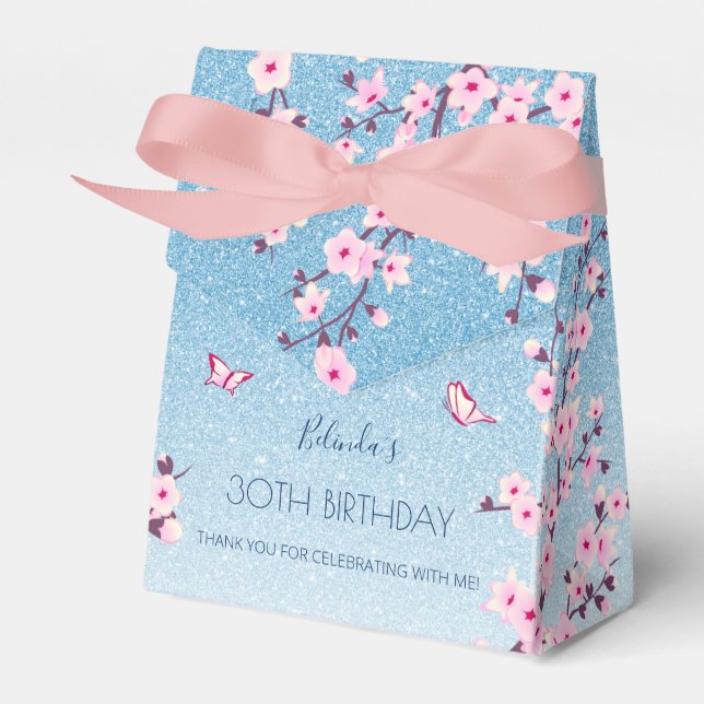 Cherry Blossoms Pink Blue Glitter Thank You Favour Box (Front Side)