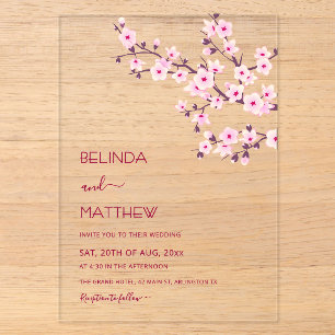 Cherry Blossoms Pink Clear Casual Wedding Acrylic Invitations