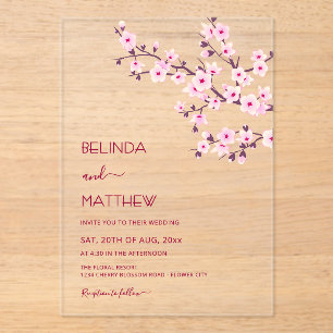 Cherry Blossoms Pink Clear Casual Wedding Acrylic Invitations