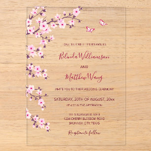 Cherry Blossoms Pink Clear Wedding Acrylic Invitations