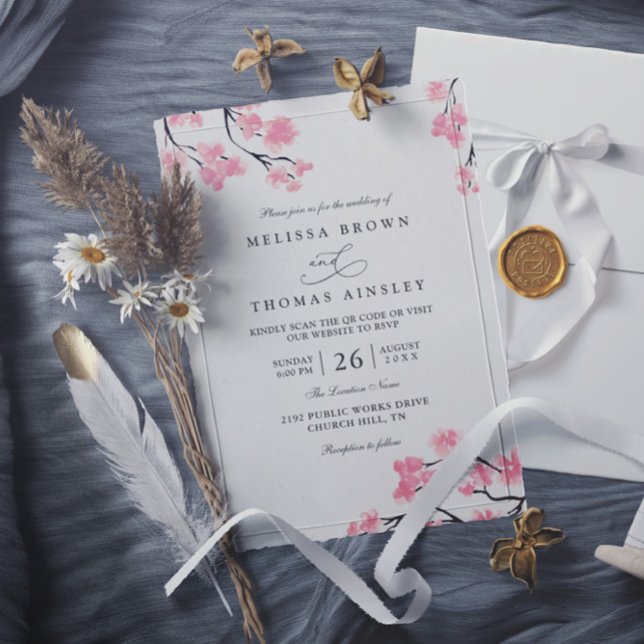 Cherry Blossoms Pink Elegant Chic QR Code Wedding Invitation (Creator Uploaded)