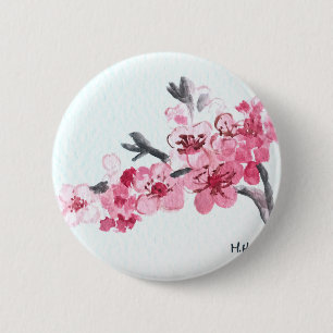 Cherry blossoms pink flowers baby shower 6 cm round badge