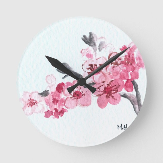 Cherry blossoms pink flowers round clock (Front)