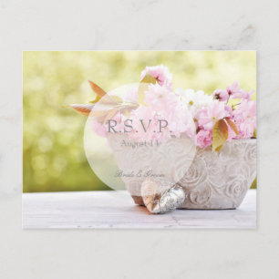 Cherry Blossoms-Pink Flowers Wedding RSVP Invitation Postcard