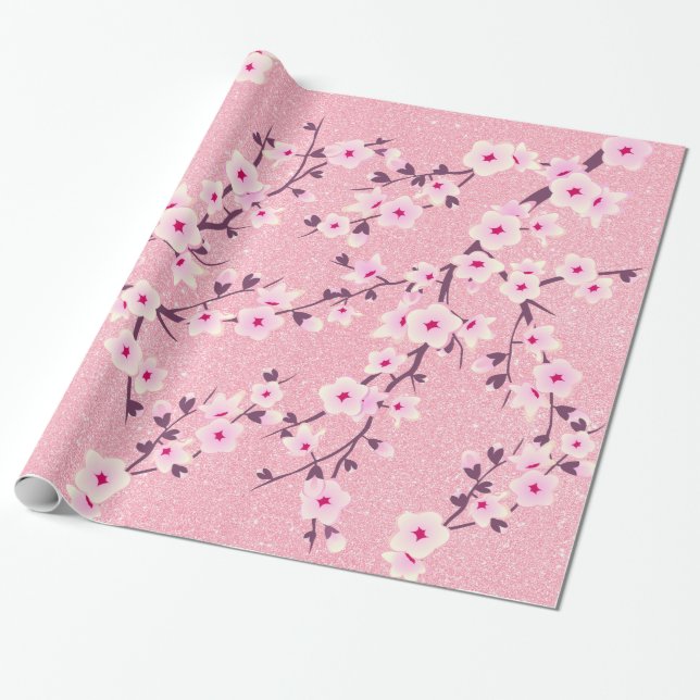Cherry Blossoms Pink Glitter  Floral Wrapping Paper (Unrolled)