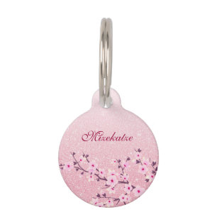 Cherry Blossoms Pink Glitter Personalise Pet ID Ta Tag