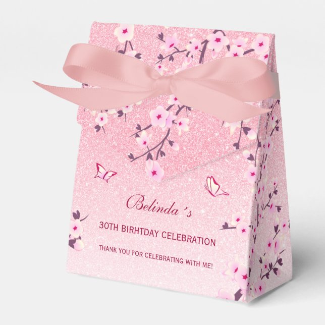 Cherry Blossoms Pink Glitter Thank You Birthday  Favour Box (Front Side)
