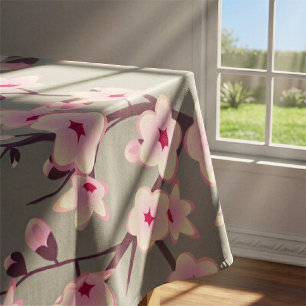 Cherry Blossoms Pink Grey  Asia Floral Tablecloth