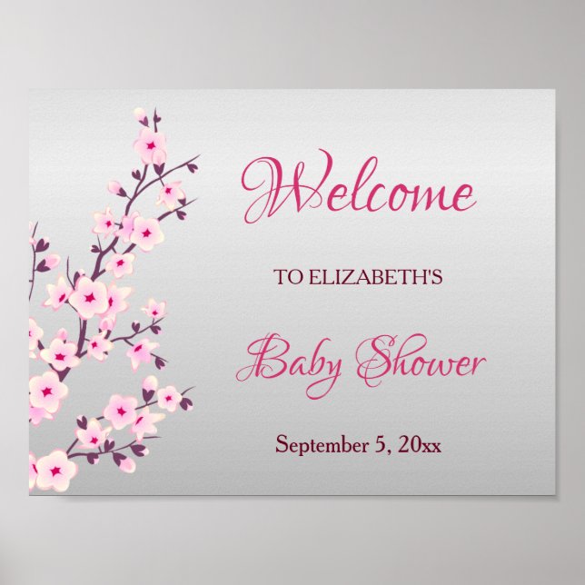 Cherry Blossoms Pink Grey Custom Baby Shower Poster (Front)