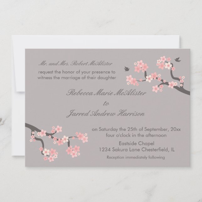 Cherry Blossoms pink/grey Landscape Invite (Front)