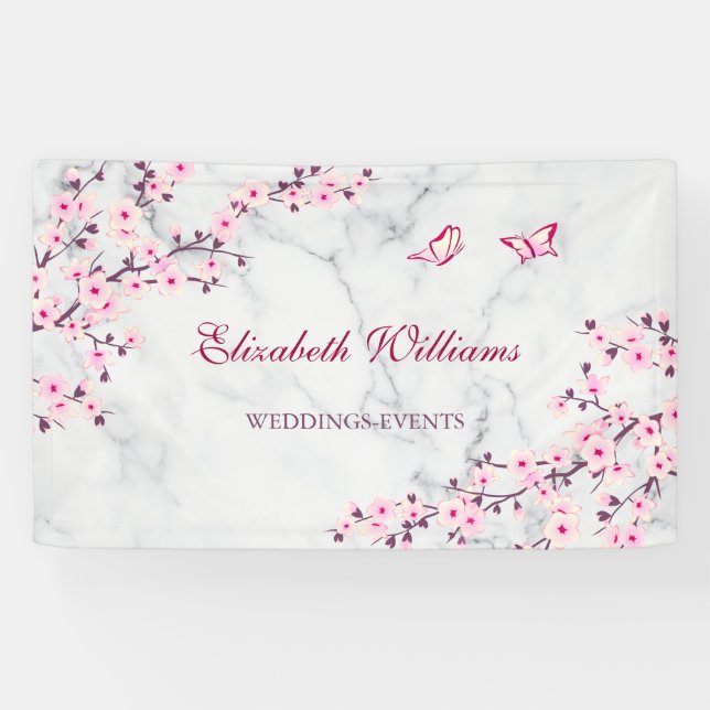 Cherry Blossoms Pink Grey Marble Banner (Horizontal)