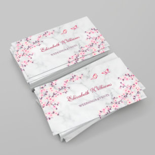 Cherry Blossoms Pink Grey Marble Business Card
