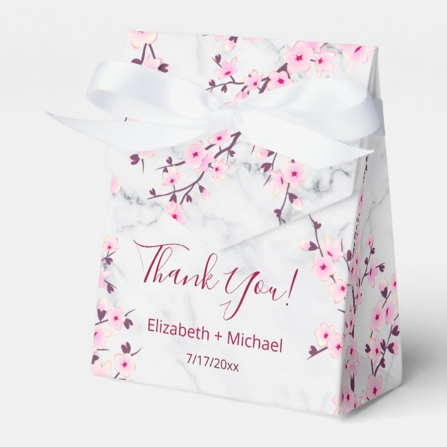 Cherry Blossoms Pink Grey Marble Personalised Favour Box (Front Side)