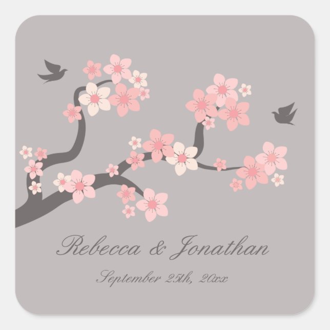 Cherry Blossoms pink/grey square sticker (Front)