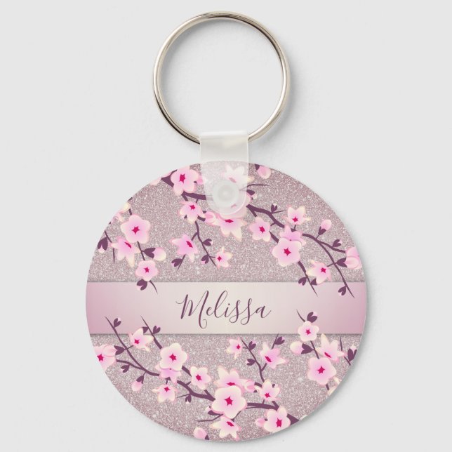 Cherry Blossoms Pink Mauve Glitter Key Ring (Front)