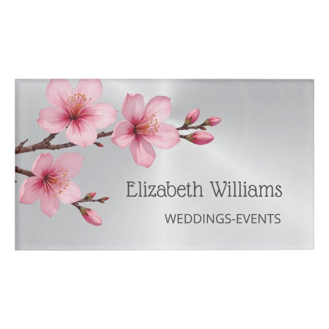 Cherry Blossoms Pink Silver Wedding Planner  Name Tag (Front)