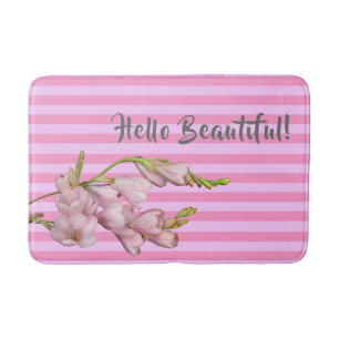 Cherry Blossoms Pink Strips Hello Beautiful! Bath Mat