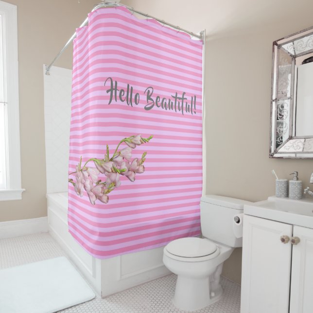Cherry Blossoms Pink Strips Hello Beautiful! Shower Curtain (In Situ)
