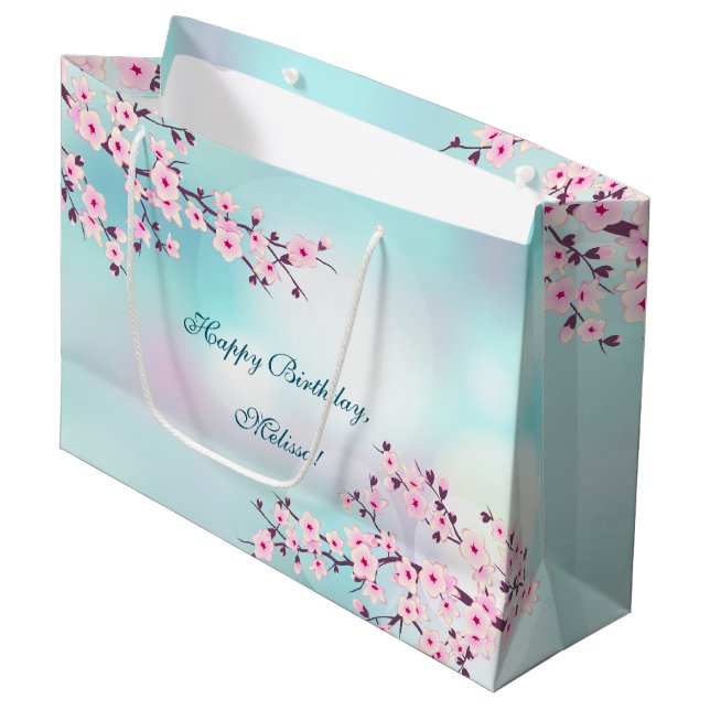 Cherry Blossoms  Pink Turquoise Birthday Large Gift Bag (Front Angled)