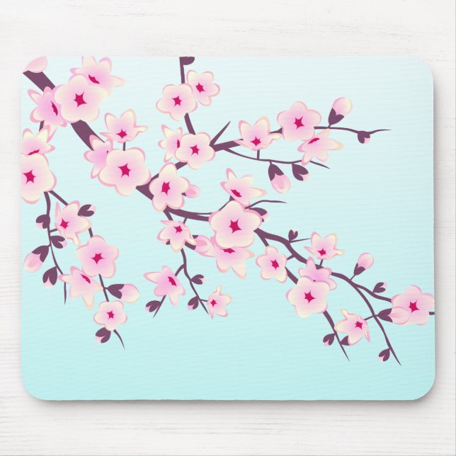 Cherry Blossoms Pink Turquoise Floral Mouse Pad (Front)