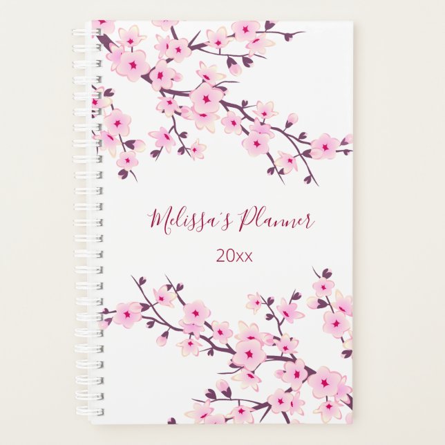 Cherry Blossoms Pink White Add Name And Year Planner (Front)