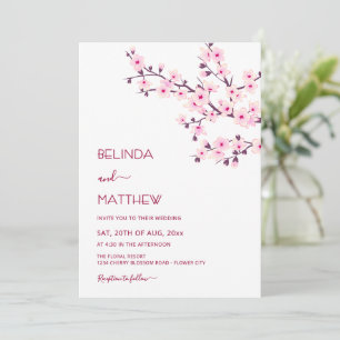 Cherry Blossoms Pink White Casual Wedding Invitation