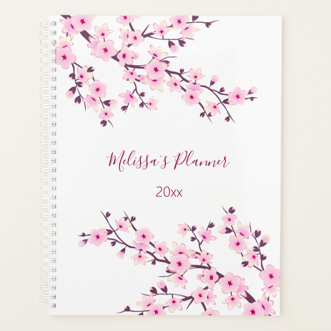 Cherry Blossoms Pink White Custom Planner (Front)
