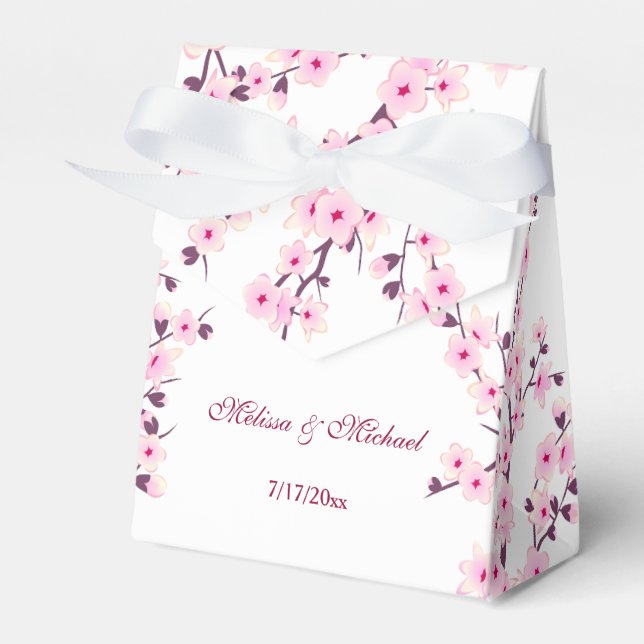 Cherry Blossoms Pink White Customisable Wedding Favour Box (Front Side)
