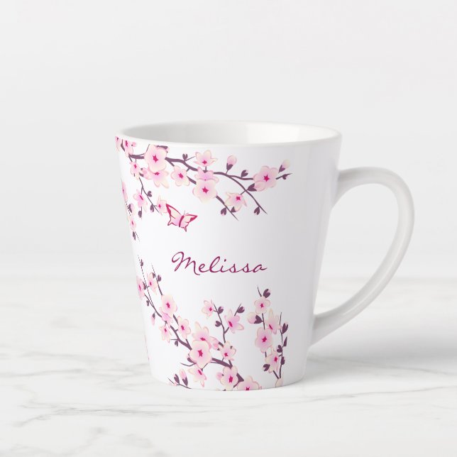 Cherry Blossoms Pink White Monogram Latte Mug (Right)
