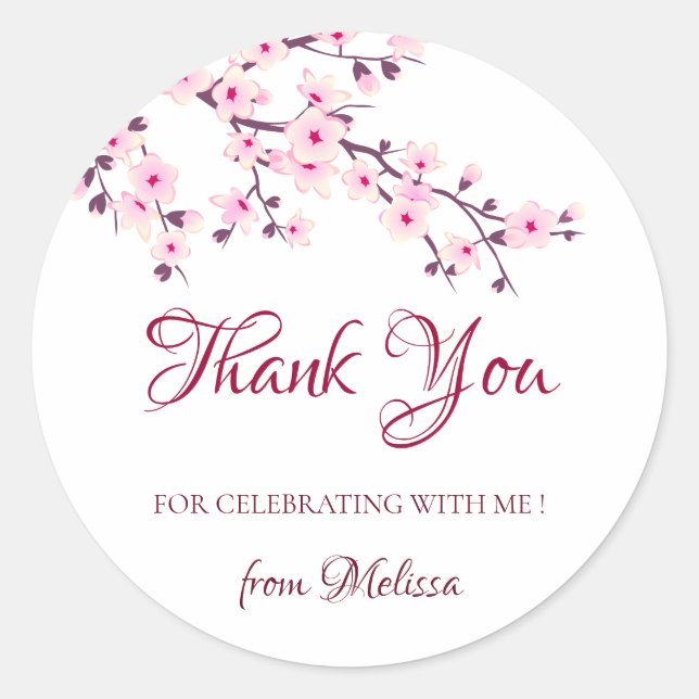 Cherry Blossoms Pink White Thank You Classic Round Sticker (Front)