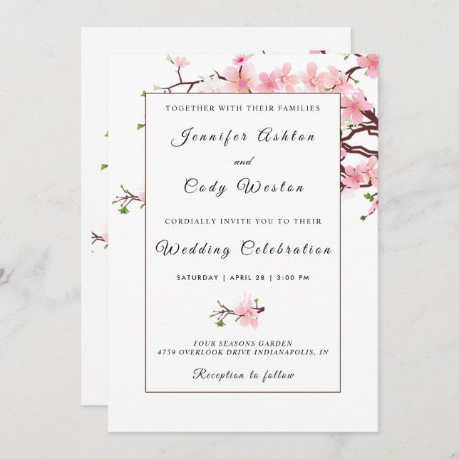 Cherry Blossoms Pink White Wedding Invitation Card (Front/Back)
