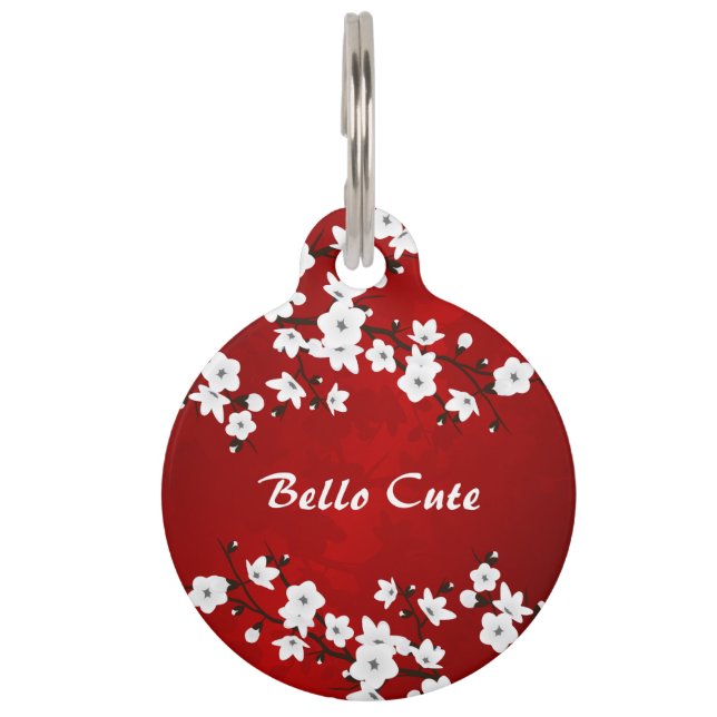 Cherry Blossoms Red Black and White Pet Tag (Front)