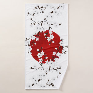 Cherry Blossoms Red Black White Rising Sun Bath Towel