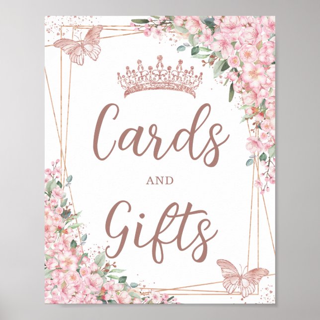 Cherry Blossoms Rose Gold Butterflies Cards Gifts Poster (Front)