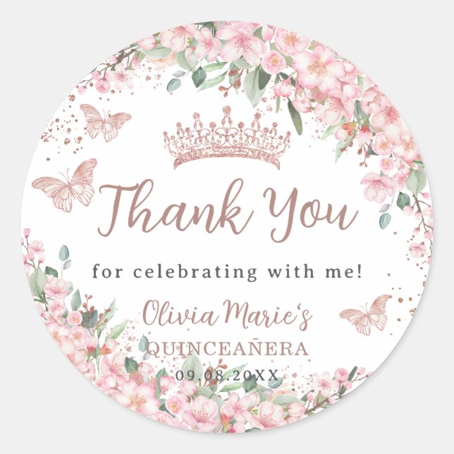 Cherry Blossoms Rose Gold Butterflies Quinceañera Classic Round Sticker (Front)