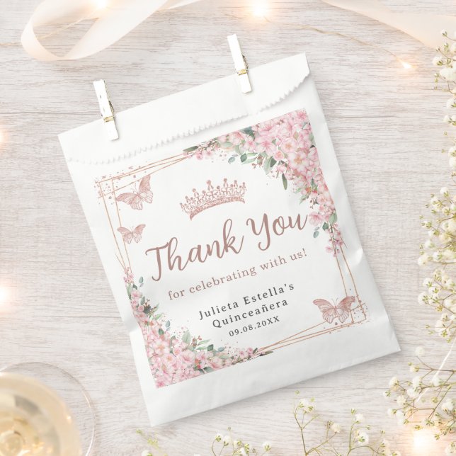 Cherry Blossoms Rose Gold Butterflies Quinceanera Favour Bags (Clipped)