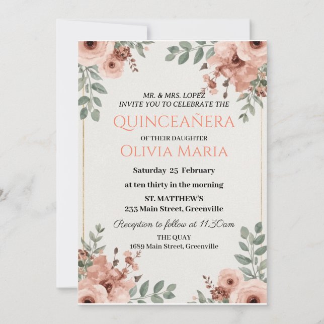 Cherry Blossoms Rose Gold Butterflies Quinceañera  Invitation (Front)