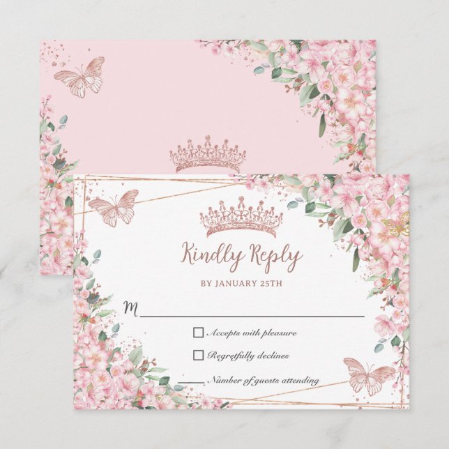 Cherry Blossoms Rose Gold Butterflies Quinceañera RSVP Card (Front/Back)