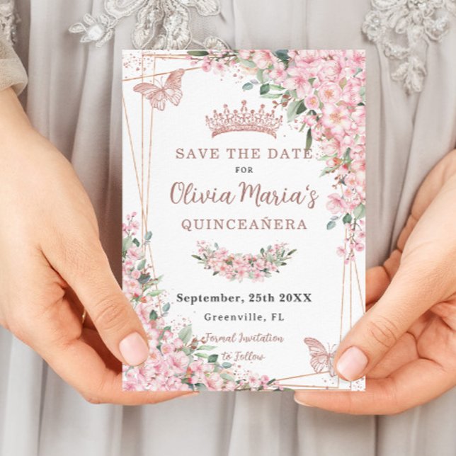 Cherry Blossoms Rose Gold Butterflies Quinceañera Save The Date (Creator Uploaded)