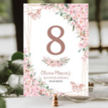 Cherry Blossoms Rose Gold Butterflies Quinceañera Table Number<br><div class="desc">Personalise this pretty cherry blossoms Quinceañera / Sweet 16 birthday table number sign card easily and quickly. Simply click the customise it further button to edit the texts, change fonts and fonts colours. Featuring beautiful watercolor cherry blossoms flowers, rose gold butterflies and a rose gold geometric frame. Matching items available...</div>