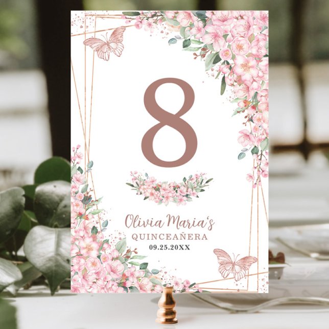 Cherry Blossoms Rose Gold Butterflies Quinceañera Table Number (Creator Uploaded)