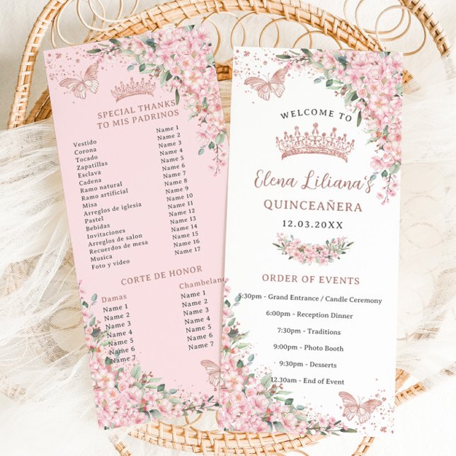Cherry Blossoms Rose Gold Butterflies Slim Program Menu (quinceanera-slim-events-program-cards-blush-pink-cherry-blossoms-flowers-sakura-floral-butterflies)