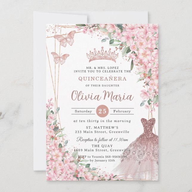 Cherry Blossoms Rose Gold Dress Gown Quinceañera Invitation (Front)