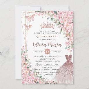 Cherry Blossoms Rose Gold Dress Gown Quinceañera Invitation