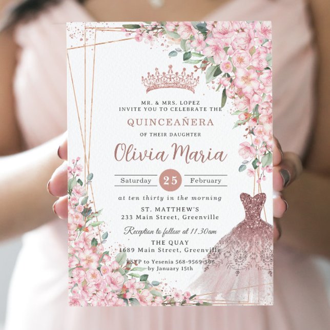 Cherry Blossoms Rose Gold Dress Gown Quinceañera Invitation (Creator Uploaded)