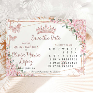 Cherry Blossoms Rose Gold Quinceañera Calendar Save The Date