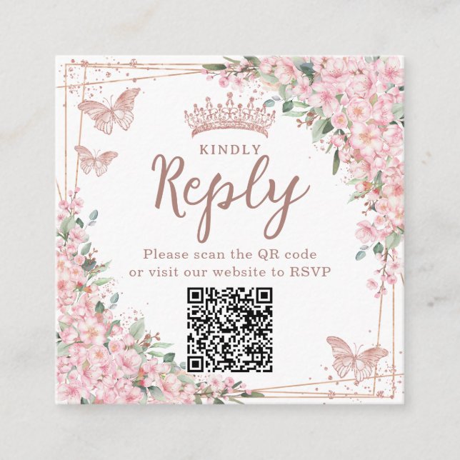 Cherry Blossoms Rose Gold Quinceanera QR Code Enclosure Card (Front)